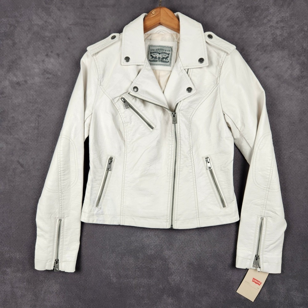 Levis Faux Leather Moto Jacket Womens Small White Full Zip Biker